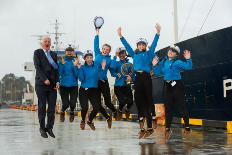 REPRO FREE 08/02/19
Hugh Conlon, Asst Harbour Master, Shannon Foynes Port Company with Issie Murphy, Lauren Walsh, Aoife-Marie Costello, Kate Storan, Alison Roche, Caoimhe Cahill and Nadine McMahon of Laurel Hill Secondary School were announced as winners of the Shannon Foynes Port Company Compass Transition Year Competition ÔTransforming the Waves of the Shannon Estuary - Developing Alternative Energy OpportunitiesÕ held at Foynes Flying Boat &amp; Maritime Museum.
Photo: Oisin McHugh True Media